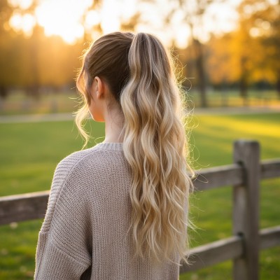  Bağlamalı Kabarık Dalgalı At Kuyruğu - Kahve / Bal Köpüğü Ombre ve Platin Işıltılı