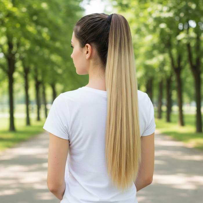 Bağlamalı Düz At Kuyruğu - Kahve / Bal Köpüğü Ombre ve Platin Işıltılı